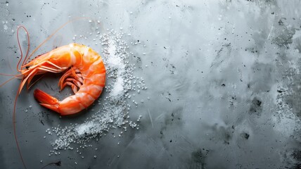 Wall Mural - Single cooked shrimp with long antennae on a dark, textured surface, surrounded by scattered salt grains