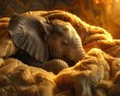 Elephant in cozy blanket, warm and content, soft glow, peaceful slumber, comforting embrace