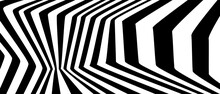 Geometric Optical Psychedelic Art With Black, White Colors. Background Abstract Line Striped Twist. Swirl Hypnotic Pattern For Celebration, Ads, Branding, Banner, Cover, Label, Poster.