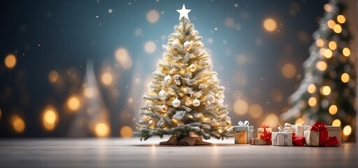 Wall Mural - Christmas tree with presents on bokeh background. Banner with copy space