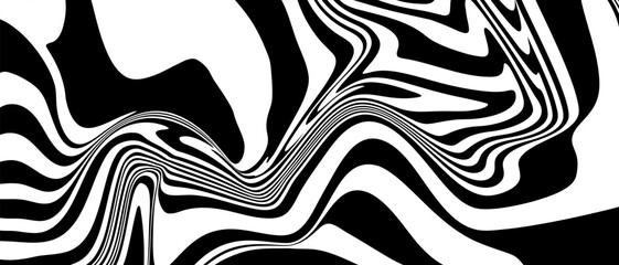 Wall Mural - Geometric Optical Psychedelic Art with Black, White Colors. Background Abstract Line Striped Twist. Swirl Hypnotic Pattern for Celebration, Ads, Branding, Banner, Cover, Label, Poster.