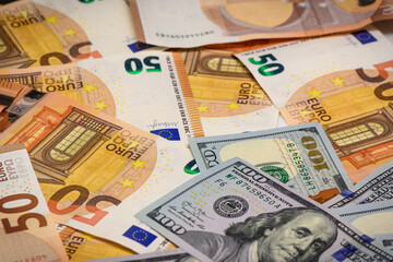 Wall Mural - Dollar and euro Closeup Concept. Dollar and euro Cash Money. Banknotes. Cash of Dollar and euro bills, money background.5