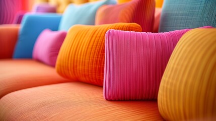 Poster - A close up of a bunch of colorful pillows on an orange couch, AI