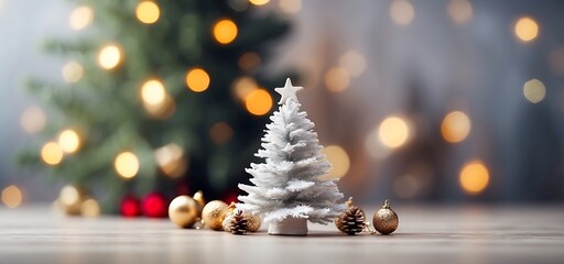 Wall Mural - Christmas tree with gifts on wooden table over bokeh background.