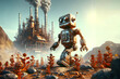 Robot walking through lifeless landscape among rusty metal plants with smoking plants in background. Cyberpunk style. Climate change pollution environment concept.