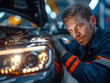 A mechanic replacing a damaged headlight or taillight on a car