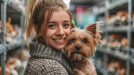 Wall Mural - Cheerful woman holding yorkshire terrier in pet shop