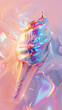 An eye-catching holographic ice cream cone melts into a vibrant, abstract puddle, illustrating indulgence and transience