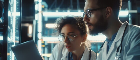 Leinwandbilder - A sketch of two female and male engineers analyzing and discussing Artificial Intelligence software while using a laptop computer in a high-tech research facility.