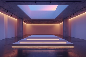 Modern gallery space with color-shifting LED-lit podium and ceiling, contemporary art exhibit design concept