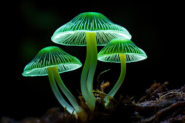 Behold the rare super macro shot: Mycena chlorophos, a luminescent marvel! Its radiant greenish glow enchants in dark tropical rainforests