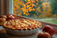 Apple Pie On Windowsill Overlooking Autumn Foliage. Generative AI Image