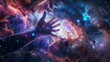 A hand reaching towards the stars in the sky within a stellar nursery region of a galaxy nebula