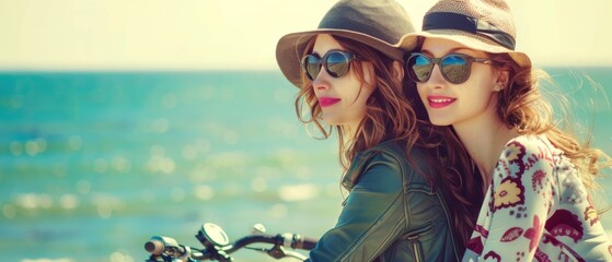 An idyllic day on a bike for two stylish young female friends.