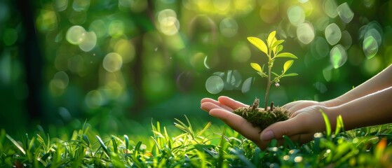 Wall Mural - Forest conservation concept. Tree growing on natural field grass in the hands of female hand. Bokeh green background.