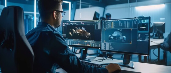 Leinwandbilder - An industrial engineer solving problems using CAD software, two monitors show a 3D prototype of an eco-friendly electric engine concept.