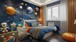A bedroom with a space theme, featuring a bed with a blue comforter and pillows