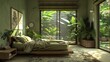 A bedroom with a green color theme and a lot of plants