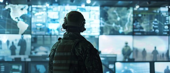 Poster - Surveillance officer working in an Army Management Center for National Security, Technology, and Army Communications on a city tracking operation.