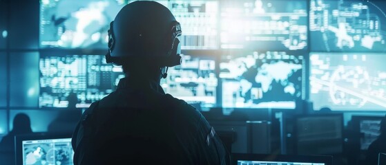Poster - Military Surveillance Officer Working on City Tracking Operation in a Central Office Hub for Cyber Control and Monitoring to manage national security, technology, and Army communications.