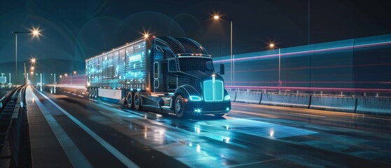 Canvas Print - Concept for an autonomous semi truck with cargo trailer driving at night on the road with sensors scanning surrounding areas. Special effects of a self-driving truck digitizing highway traffic.