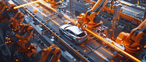 Poster - Aerial Car Factory 3D Concept: Automated Robot Arm Assembly Line Manufacturing Advanced High-Tech Green Energy Electric Vehicles. Industrial Production Conveyor System in Construction, Building, and