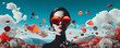 Surreal collage with young woman with classic red glasses, beautiful fantasy panoramic landscape, generated by ai