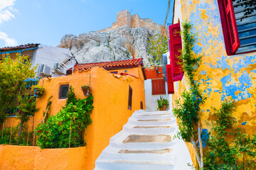 Wall Mural - Athens, Greece. Colorful greek architecture in Plaka district. View of the Acropolis