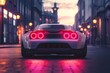 A luxury sports car with glowing taillights parked on an urban road, reflecting the vibrant sunset ambiance.
