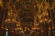 Low-angle of Palais Garnier luxury chandeliers, Paris, France