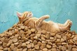 Orange tabby cat luxuriously lounging on a pile of dry cat food, embodying comfort and contentment, Concept of pet relaxation and pampering