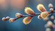 close-up spring background, the first green fluffy buds swell and bloom willow tree, banner