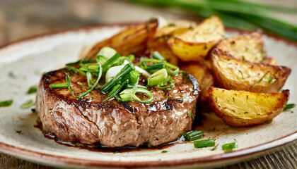 Wall Mural - Juicy grilled meat steak with fried potatoes and green onions. Delicious dish. Tasty restaurant food