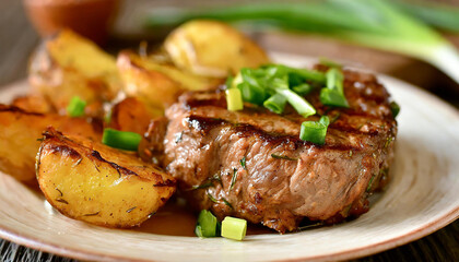 Wall Mural - Juicy grilled meat steak with fried potatoes and green onions. Delicious dish. Tasty restaurant food