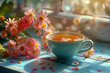 Tee in Kanne und Tasse mit Umgebung und Dekoration