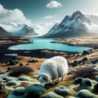 Eine wunderschöne isländische Landschaft mit Schaf (fiktiv)
