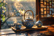 Tee in Kanne und Tasse mit Umgebung und Dekoration