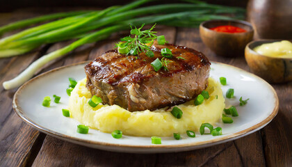 Wall Mural - Juicy grilled meat steak with mashed potatoes and green onion. Delicious dish. Tasty restaurant food