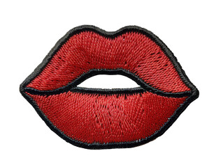 detailed red embroidered lips patch on transparent background