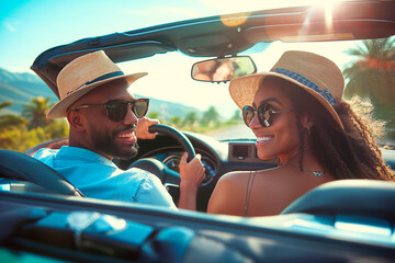 Wall Mural - Road trip car holiday happy african couple driving convertible car on summer travel