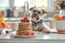 A Small Dog Sitting Calmly Beside A Stack Of Homemade Pancakes, Showcasing Pet-friendly Treats For Furry Friends