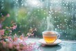 A cup of tea is placed on a rainy window sill, with raindrops visible on the windowpane