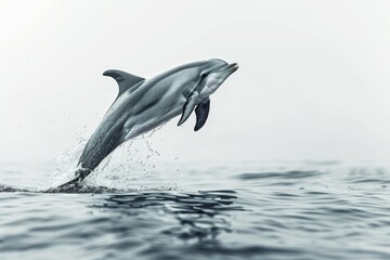 KS Dolphin jumping out of the water against a white backg .