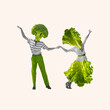 Monochrome image of man and woman with lettuce heads dancing isolated on white background. Contemporary art collage. Concept of healthy and active lifestyle, organic food, nutrition, dieting