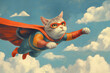 Whimsical illustration of a brave cat dressed as a superhero flying against a cloudy blue sky