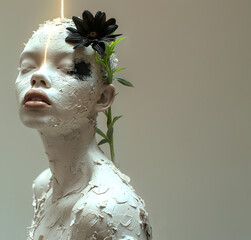 Fashion surreal Concept. Closeup portrait of cracked wax cement plaster figure statue sculpture with black flower twig stem with leaves growing spreading and beam light shining. copy text space