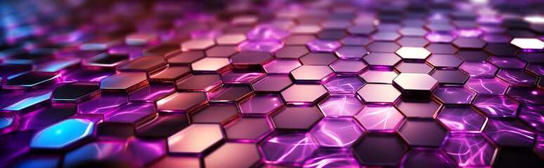 Wall Mural - The wide range of hexagonal shapes creates a visually striking pattern, while the vibrant mix of purples and blues gives an almost futuristic glow. It resembles a honeycomb structure. AI generated.