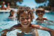 Portrait of multiracial child posing in the pool outdoors on a sunny day. Generative AI.