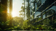 Green tree forest on sustainable glass building. Office building with green environment. Selective focus on tree and eco friendly building with vertical garden in modern city. Go green concept.