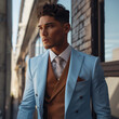 A well-groomed man in a blue suit stands outside, showcasing fashion and confidence